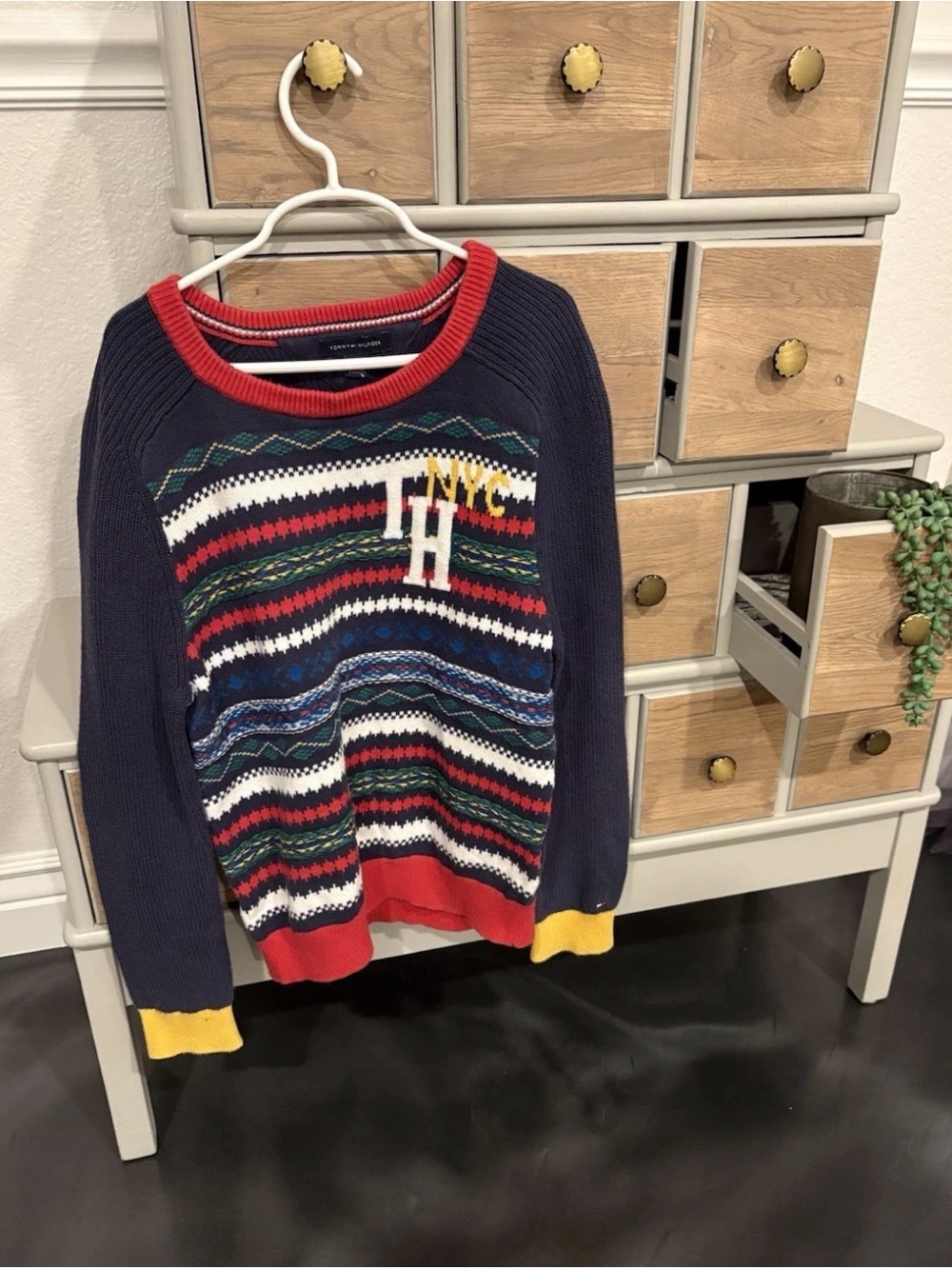 Tommy Hilfiger NYC Boys Fairisle Colorblock Cable Knit Varsity Sweater Size 8-10